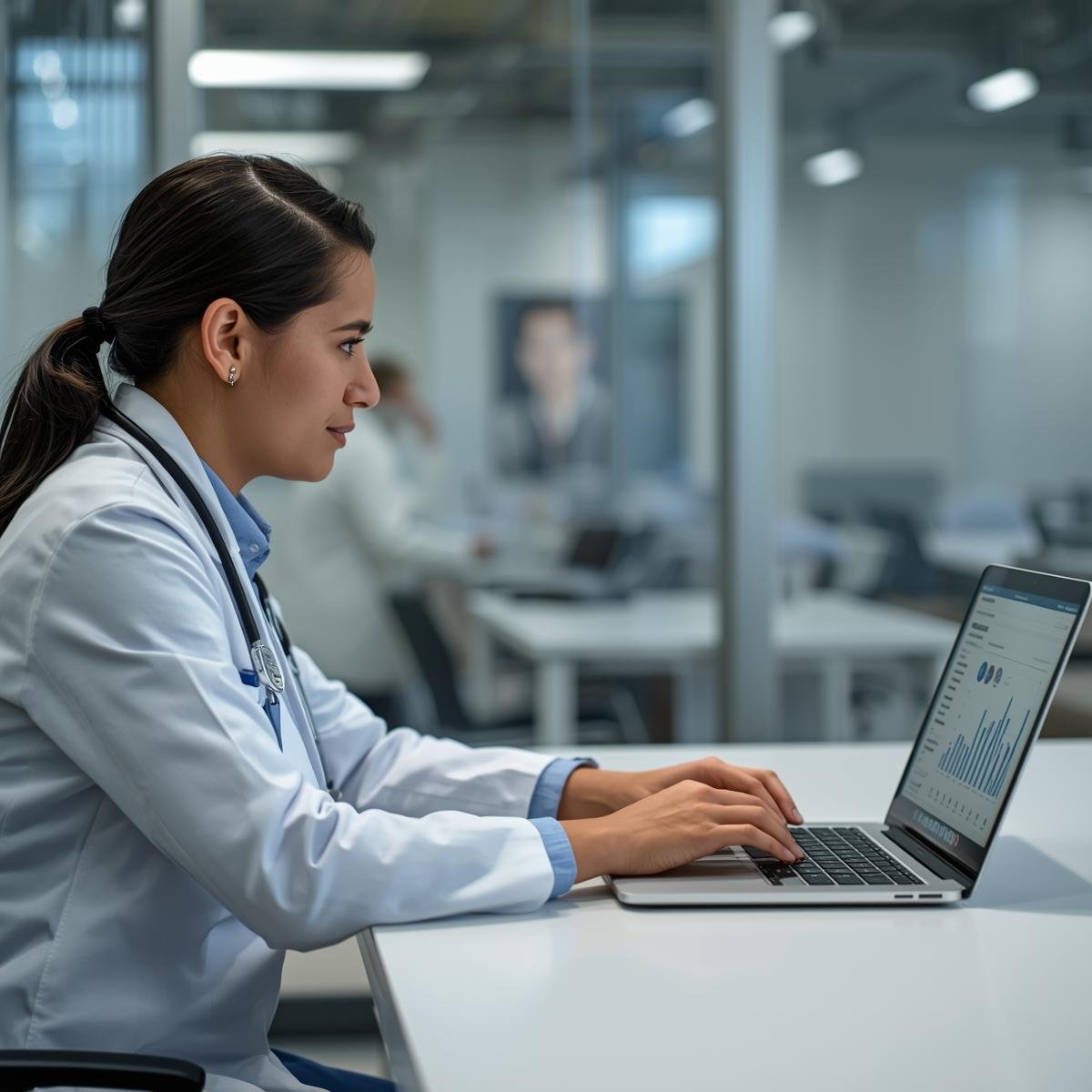 Doctor analyzing website analytics showing increase in patient appointments