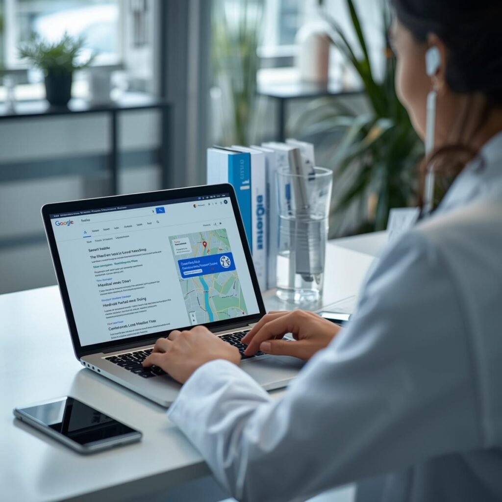 Doctor analyzing Google search results and local map listings for clinic visibility