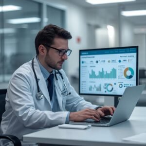 Doctor reviewing clinic website analytics showing low appointment bookings