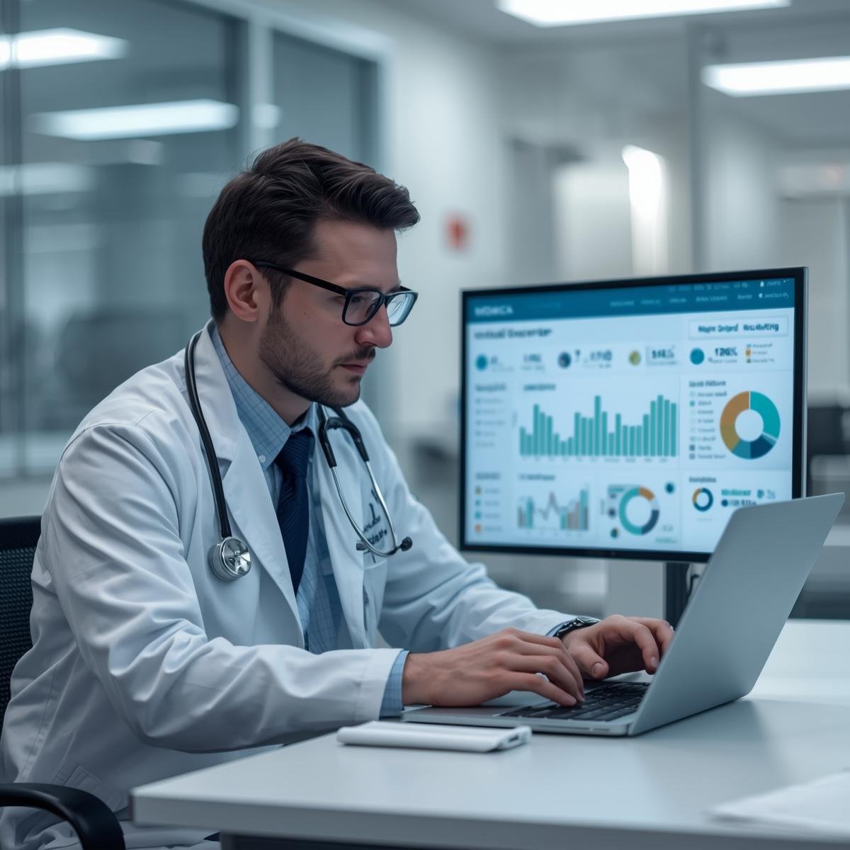 Doctor reviewing clinic website analytics showing low appointment bookings