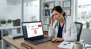 Doctor checking clinic website analytics with no patient bookings